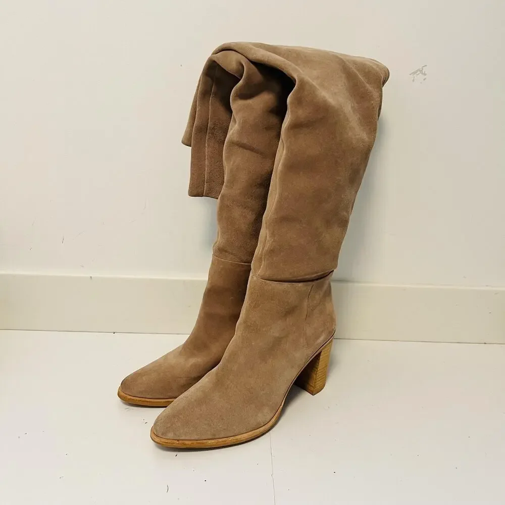 Jeffrey Campbell Boots Womens 11 Beige Suede Over Knee Slouch Block Heel Shoes